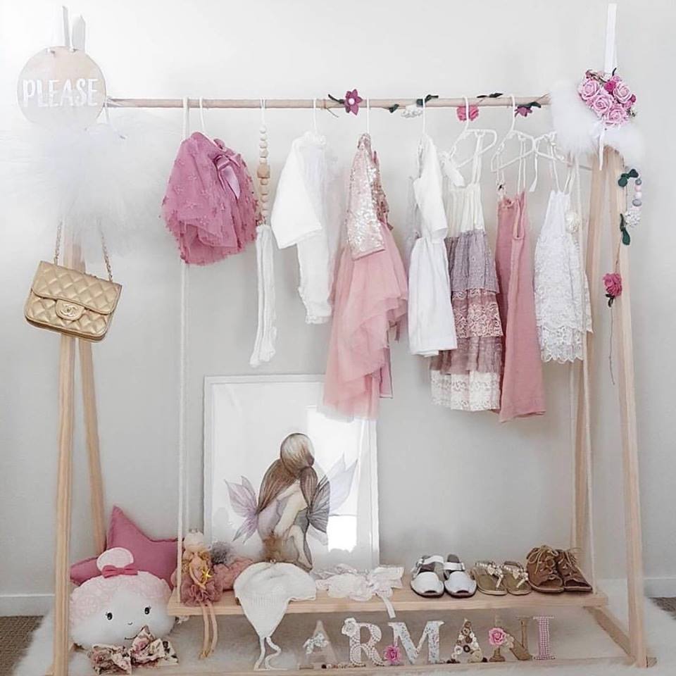 Kids Wooden Clothes Rack - 150cm High With Coloured Tips & Removable Shelf